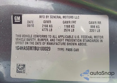 2011 Buick Lucerne Cx z USA, uszkodzony, nr VIN 1G4HA5EM7BU100029